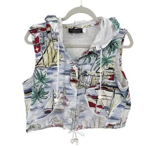 Vintage Carol Anderson Collection Nautical Sailboat Print Hooded Sleeveless Top
